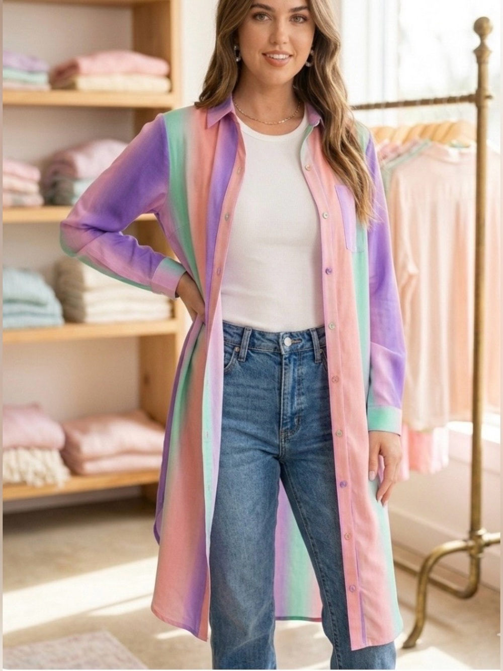 NWT Umgee Colorful Button-Up Shirt Dress/Duster Size S (Fits S/M)